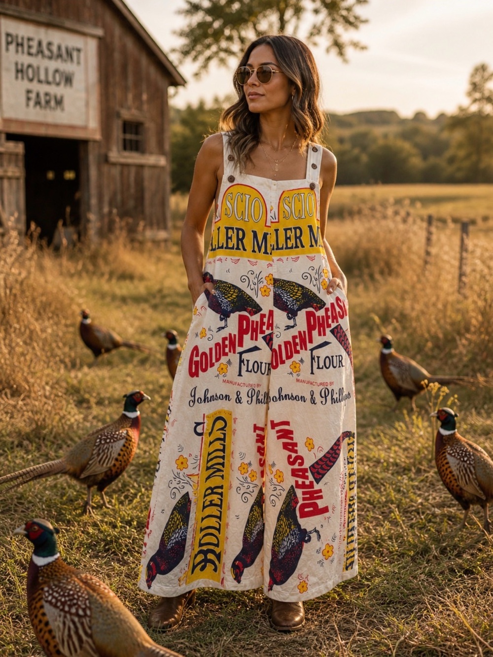 Boho Pheasant Print Wide-Leg Jumpsuit - White/Multi